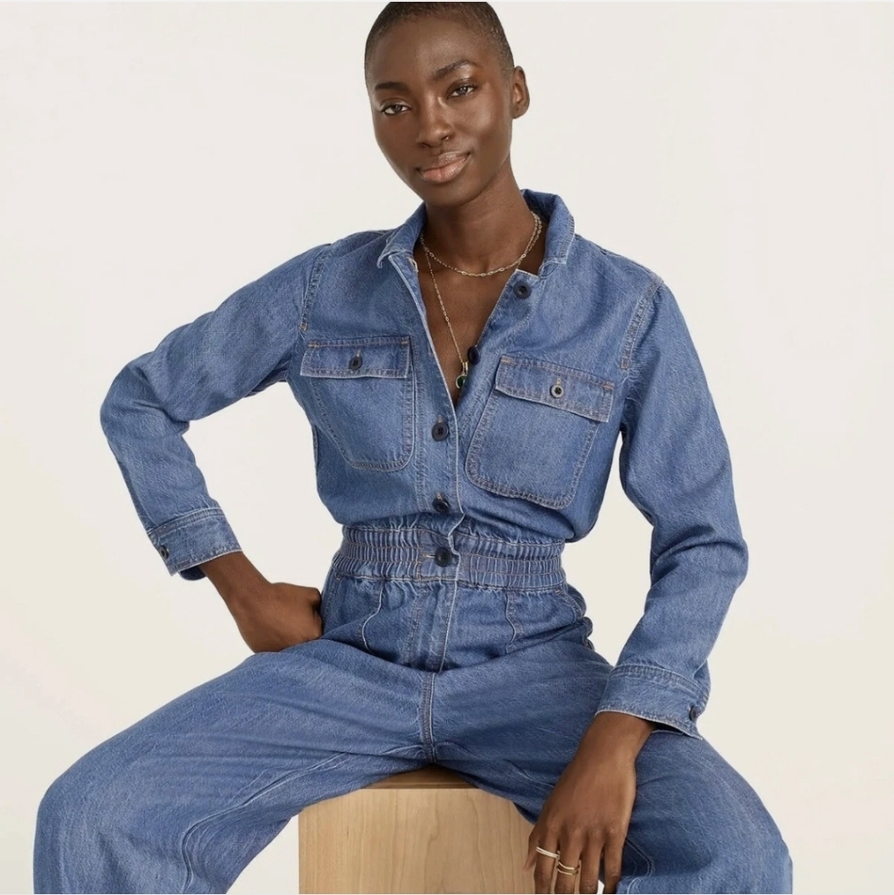 J Crew Cinched-Waist Denim Jumpsuit Blue Sz 12
